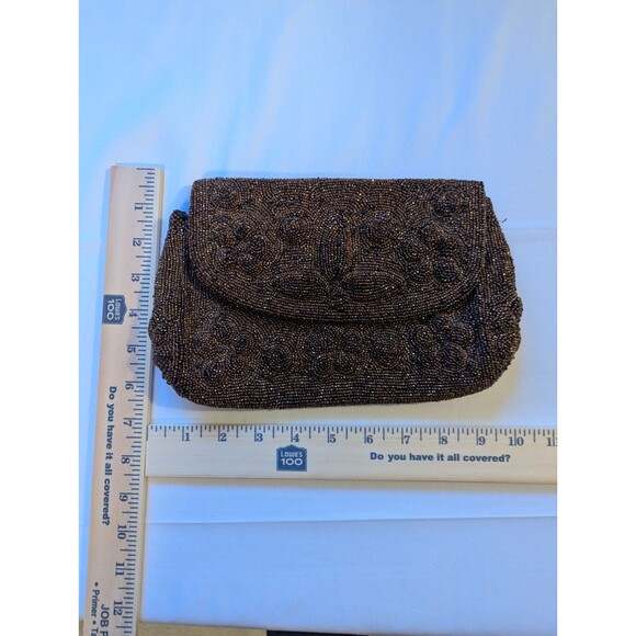 Vintage Saks Fifth Avenue Beaded Bag Copper Brown Beading Clutch Satin Interior - Picture 7 of 11